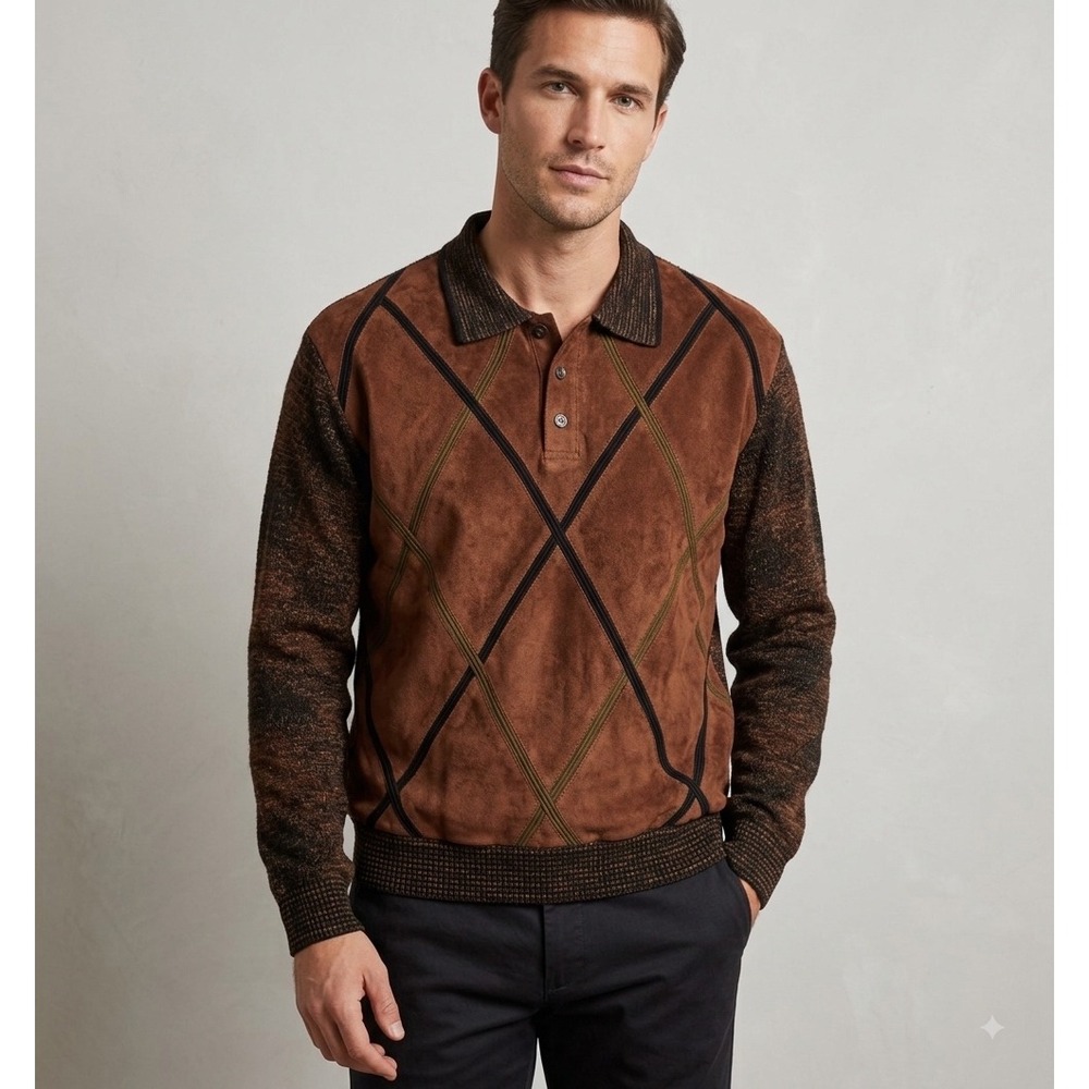 SAXONY Men's Vintage Genuine Leather Knit
Pullover Sweater M